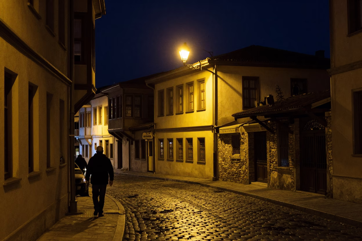 Nighttime Izmir Turkey Street Scene with Traditional Rake Head and Handkerchief in in Izmir, Turkey