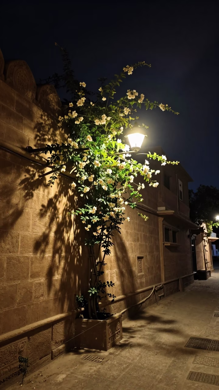 Nighttime Jaipur Street Scene with Climbing Jasmine Trellis and Traditional Architecture in in Jaipur, India