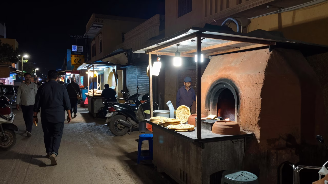 Nighttime Jaipur Street Scene with Food Stall and Traditional Elements in in Jaipur, India