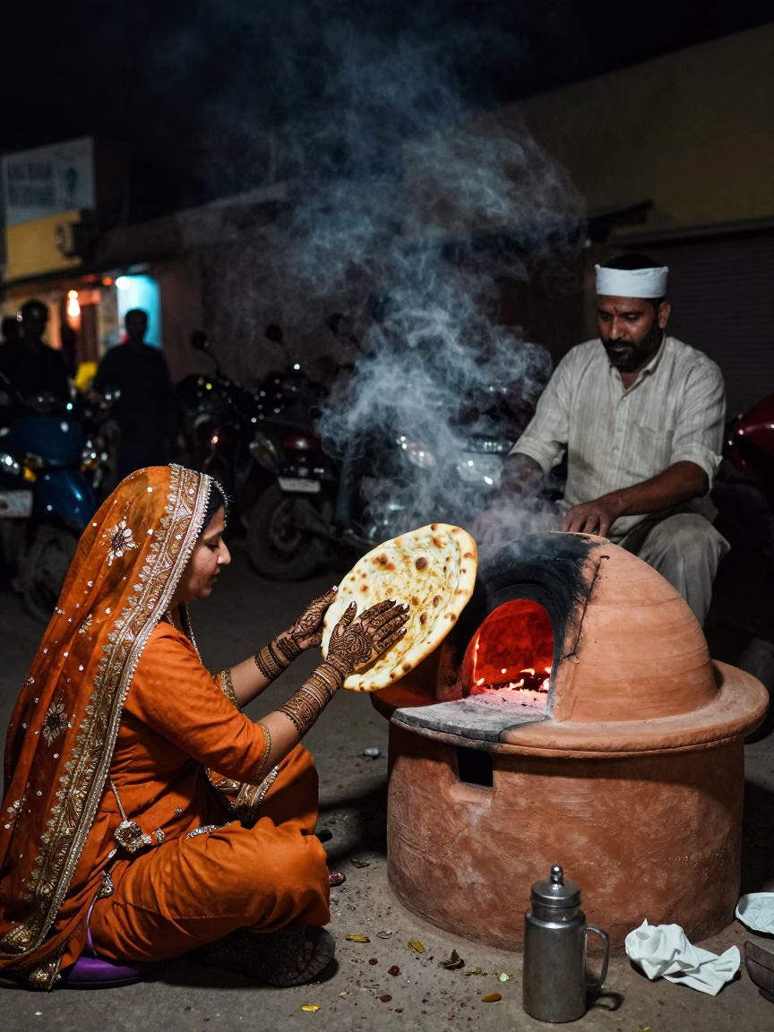 Nighttime Jaipur Street Scene with Henna Artist and Tandoori Naan in Indian City in in Jaipur, India