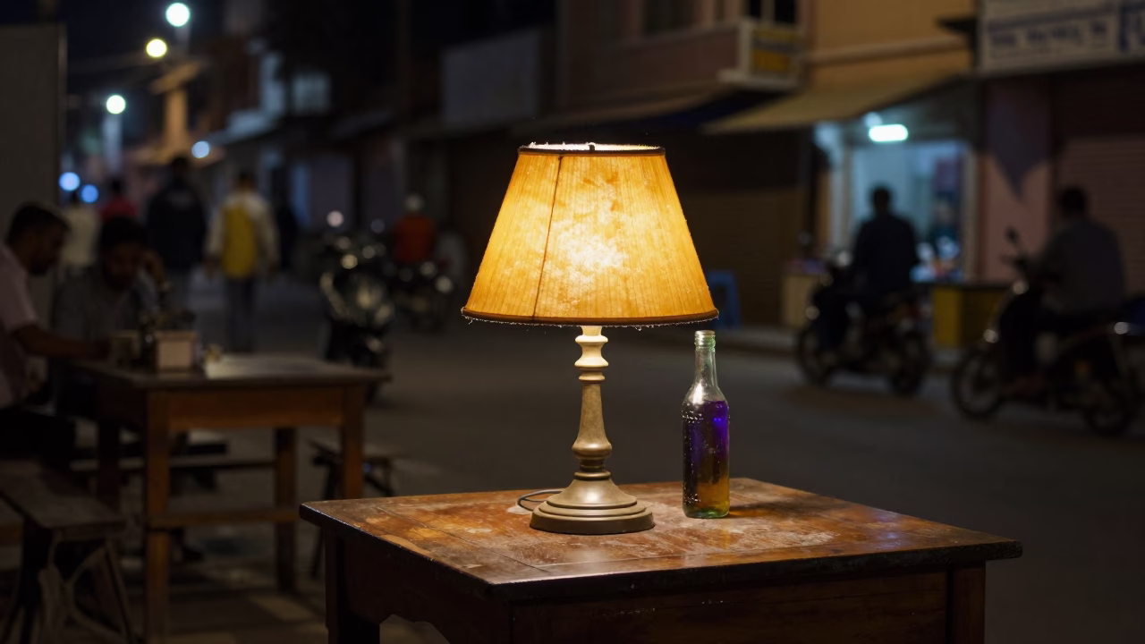 Nighttime Jaipur Street Scene with Lampshade and Soap Residue on Wooden Table in in Jaipur, India