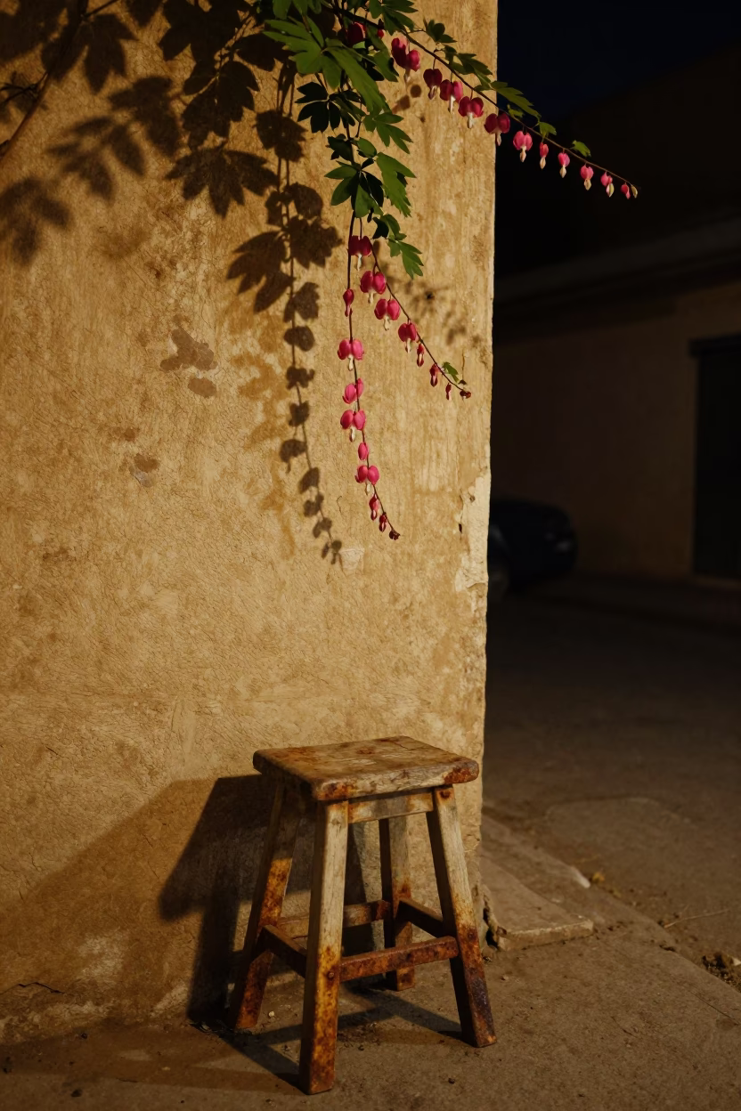 Nighttime Jaipur Street Scene with Rusty Stool and Vine Details in in Jaipur, India