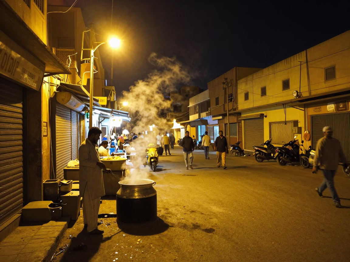 Nighttime Jaipur Street Scene with Steam and Local Commerce in in Jaipur, India