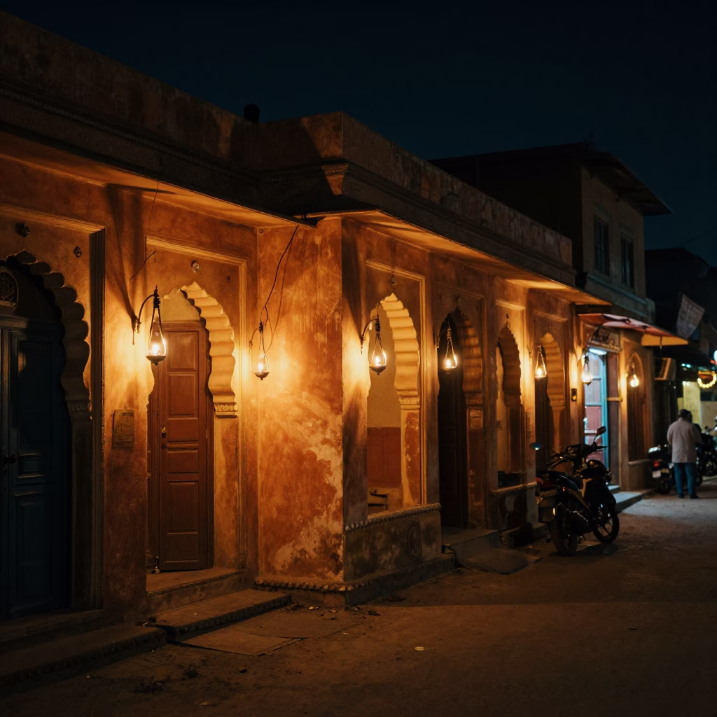 Nighttime Jaipur Street Scene with Traditional Lamps and Local Traffic in in Jaipur, India