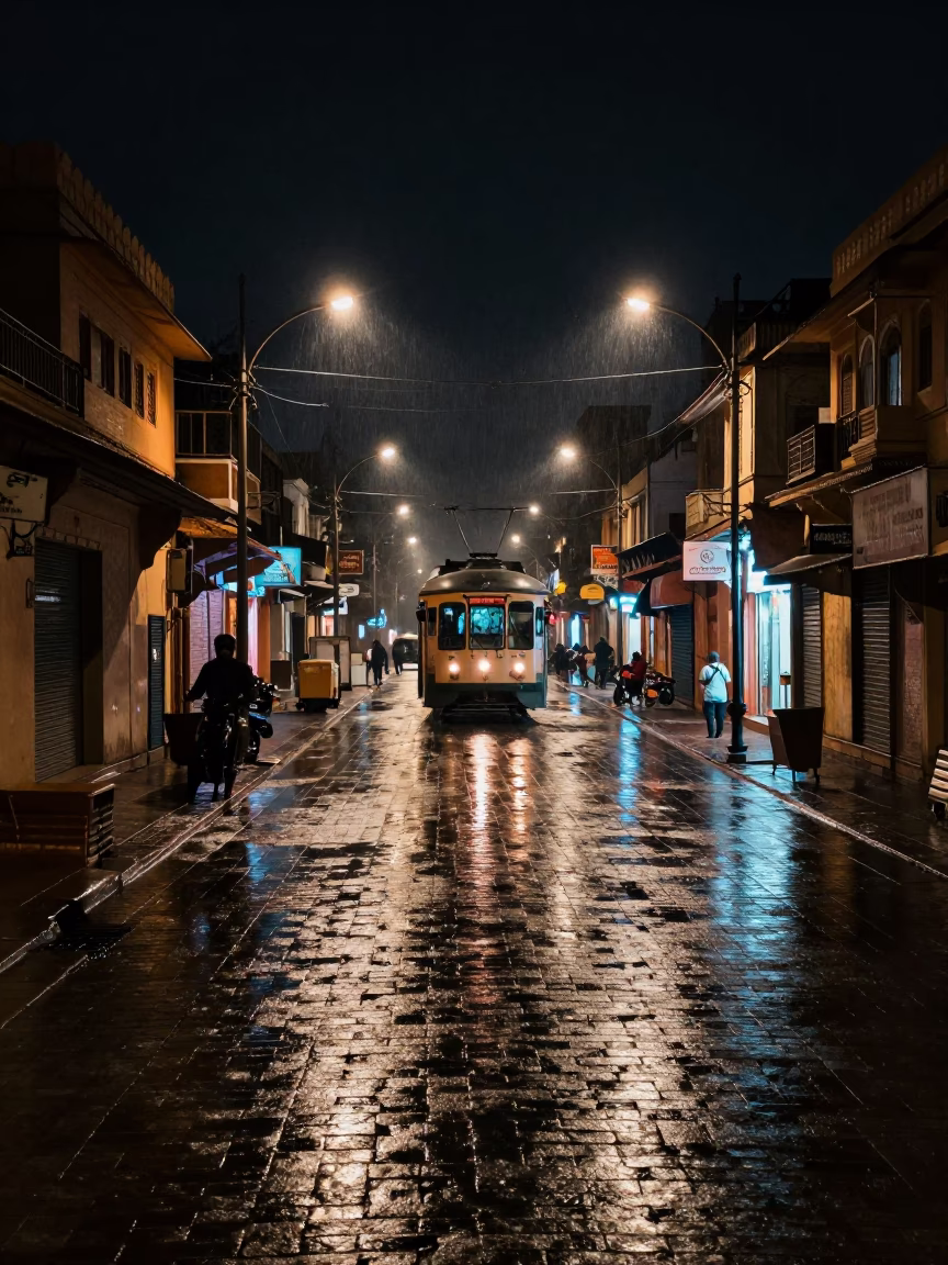 Nighttime Jaipur Street Scene with Tramcar Reflections on Wet Cobblestones in in Jaipur, India