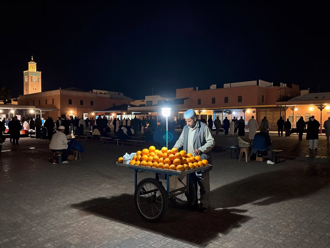 Nighttime Jemaa el-Fna Square Marrakech Morocco Street Scene with Local Vendor in in Marrakech, Morocco