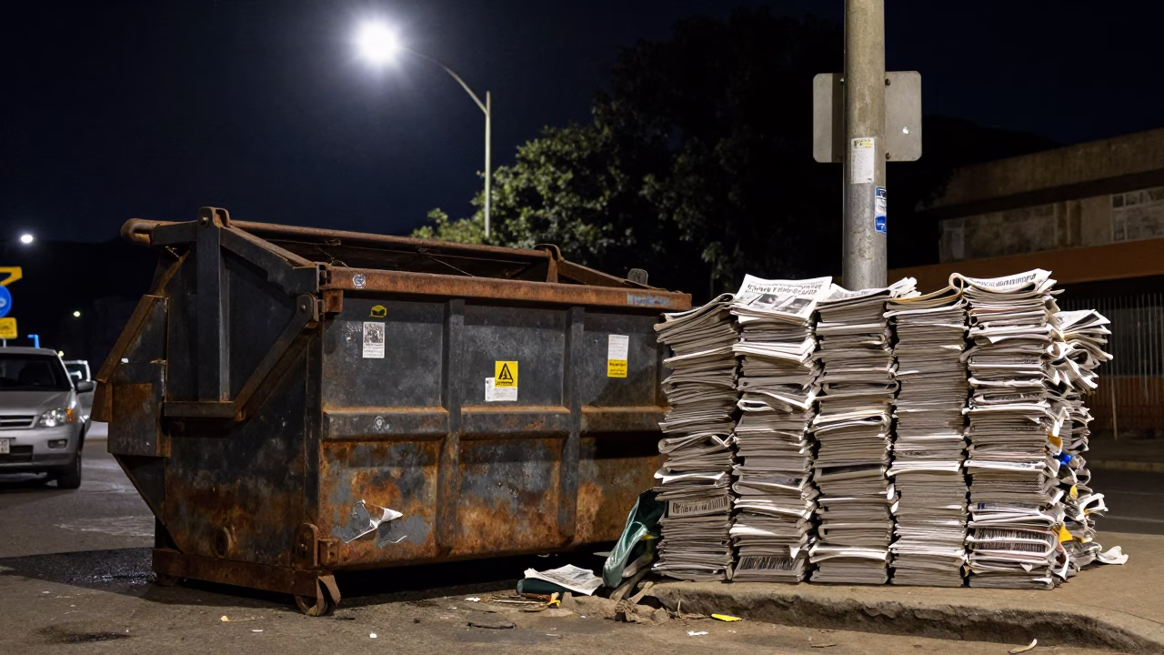 Nighttime Johannesburg Street Corner Demolition Dumpster and Newspaper Stack Under Streetlight in in Johannesburg, South Africa