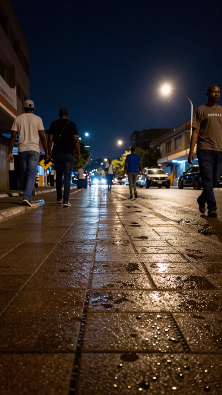 Nighttime Johannesburg Street Scene with Condensation on Tile and Colored Glass Bottle in in Johannesburg, South Africa