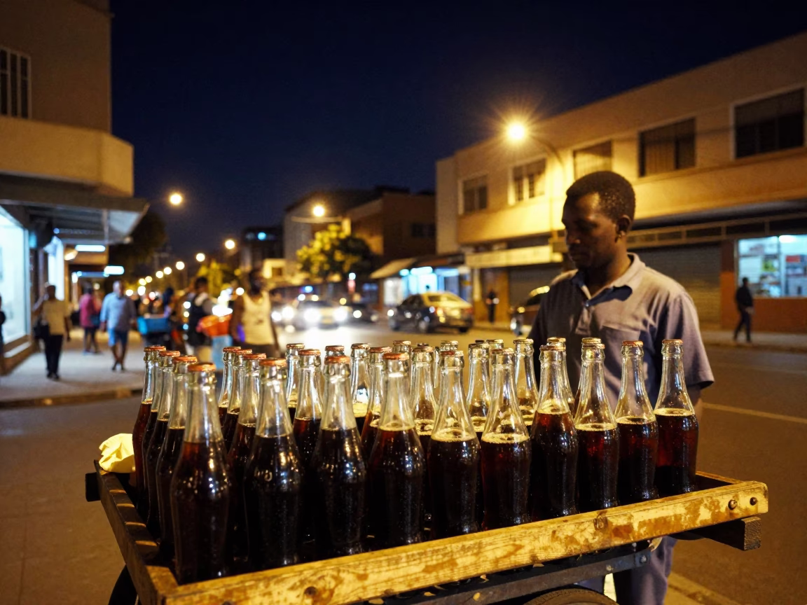 Nighttime Johannesburg Street Scene with Glass Bottles and Urban Activity in in Johannesburg, South Africa