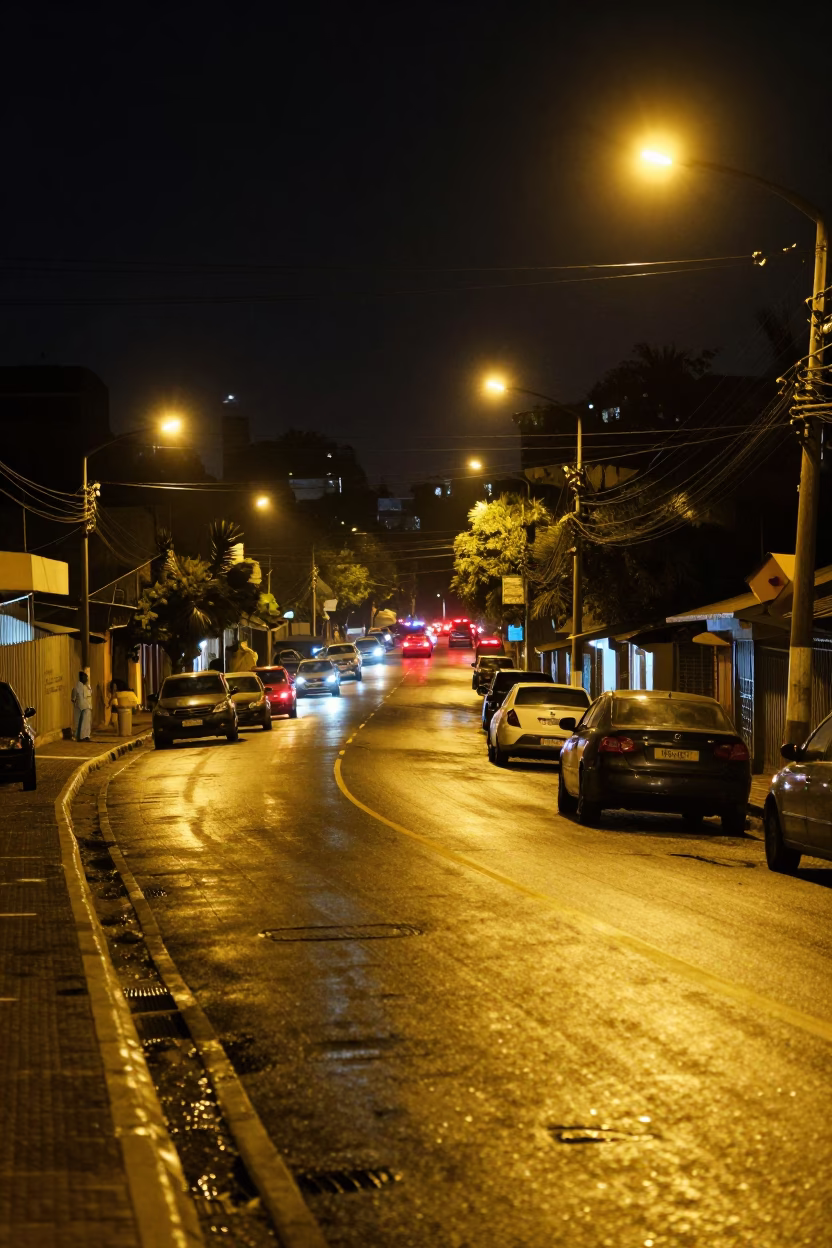 Nighttime Johannesburg Street Scene with Glowing Taillights and Urban Life in in Johannesburg, South Africa