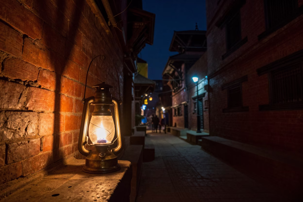 Nighttime Kathmandu Street Scene with Oil Lamp and Brick Architecture in in Kathmandu, Nepal