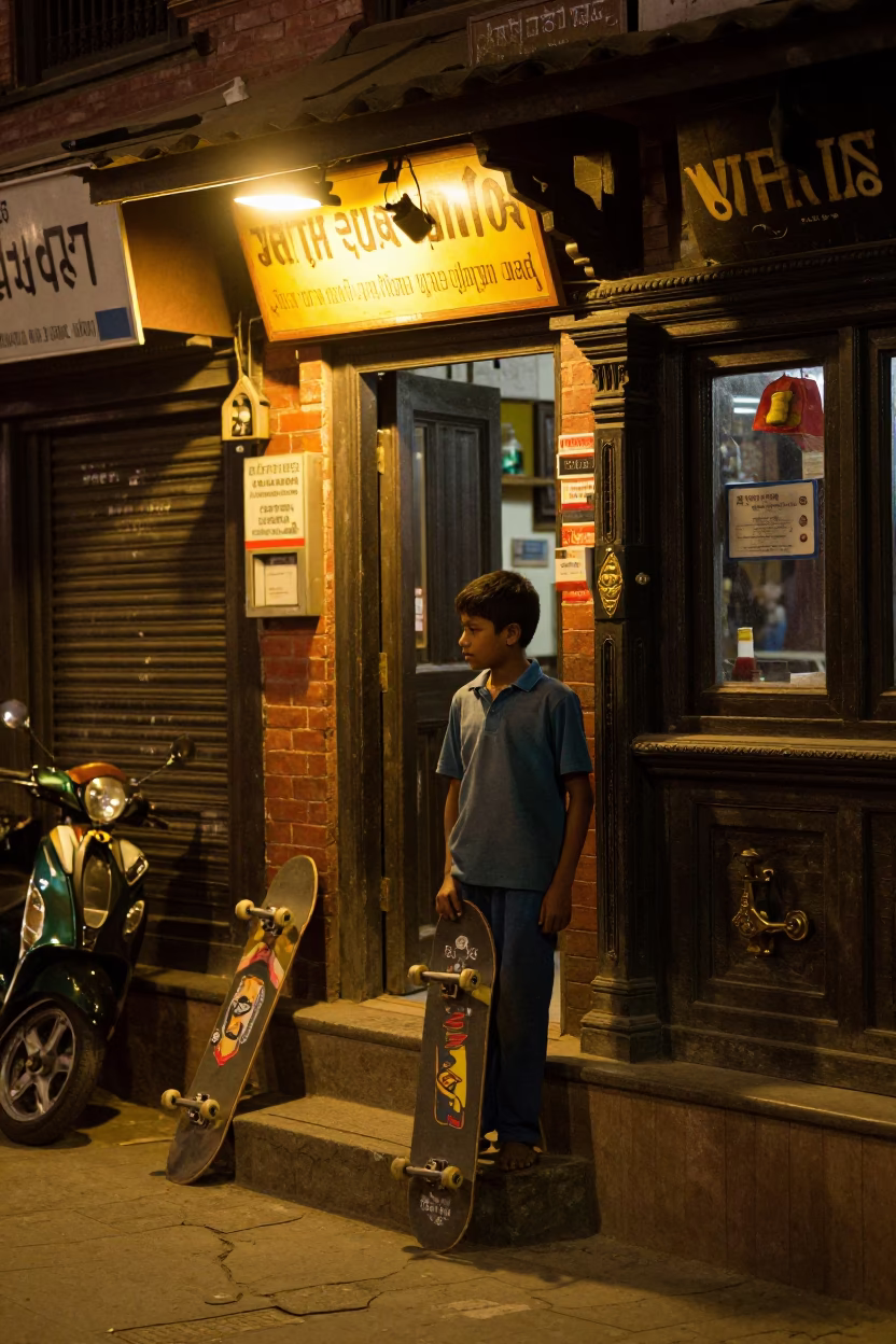 Nighttime Kathmandu Street Scene with Skateboard and Brass Detail in in Kathmandu, Nepal