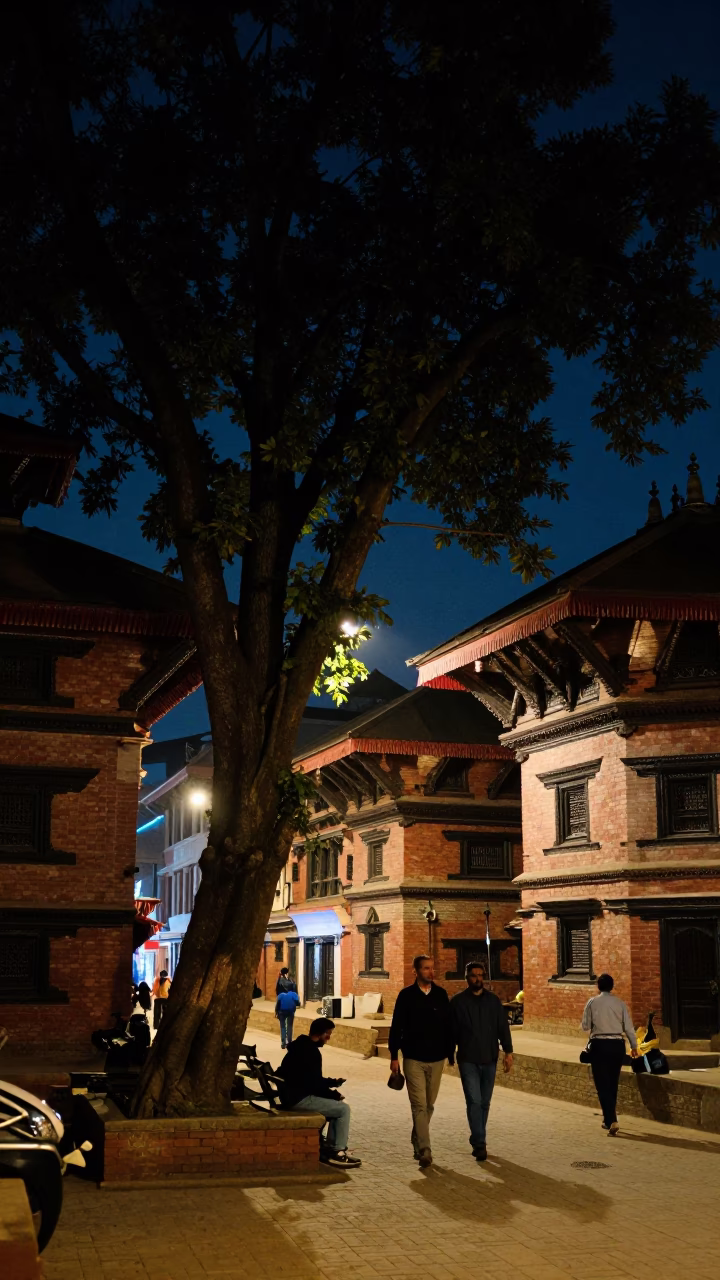 Nighttime Kathmandu Street Scene with Tamarind Tree and Traditional Brick Architecture in in Kathmandu, Nepal