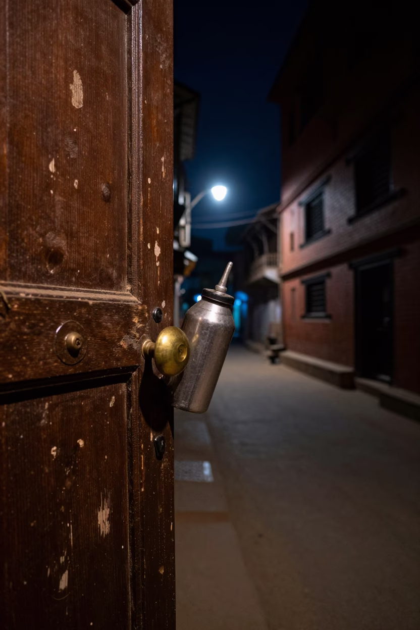 Nighttime Kathmandu Street Scene with Watering Bottle and Doorknob in in Kathmandu, Nepal