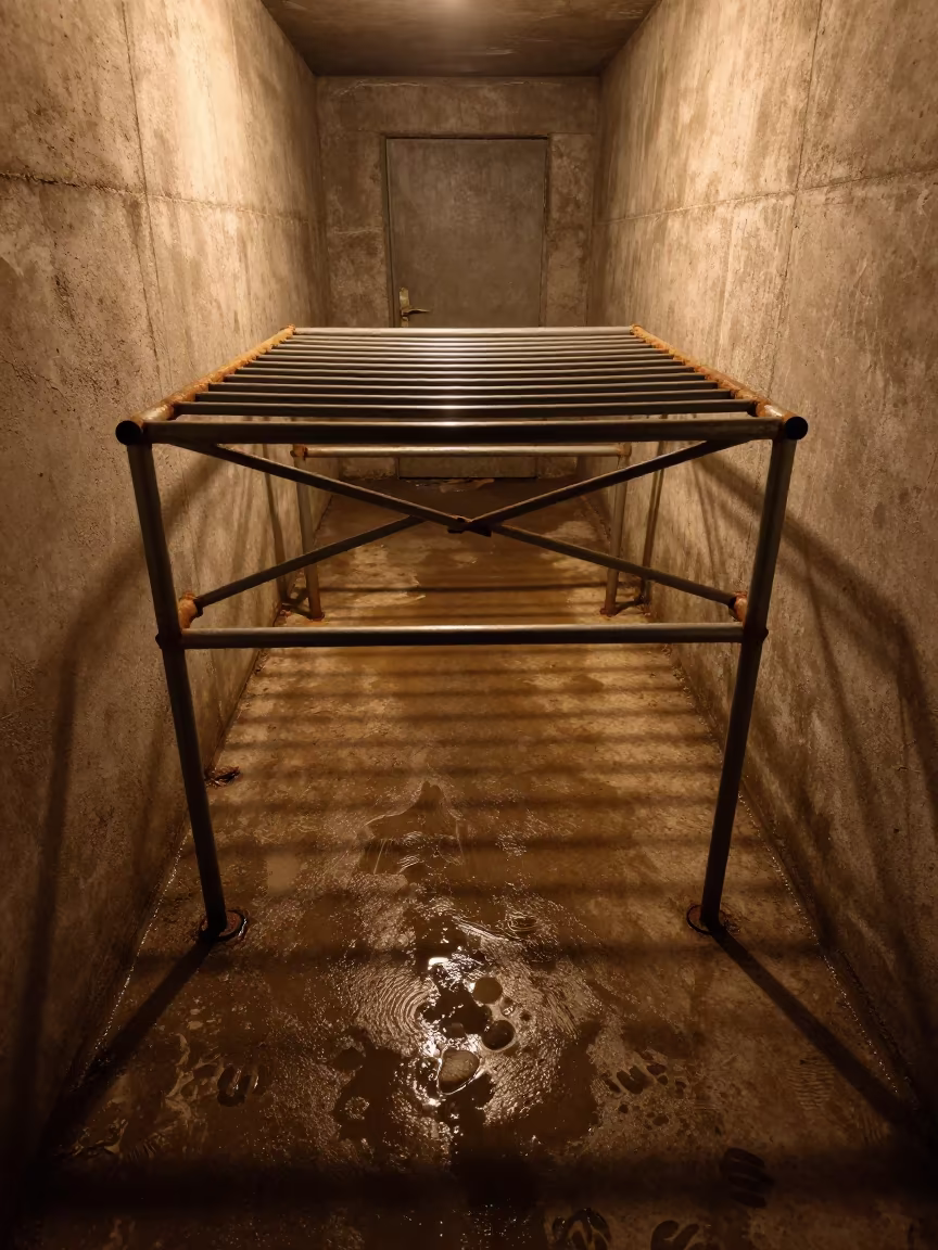 Nighttime Kennel Mop Rack with Paw Prints in in a boarding kennel corridor near Tolyatti