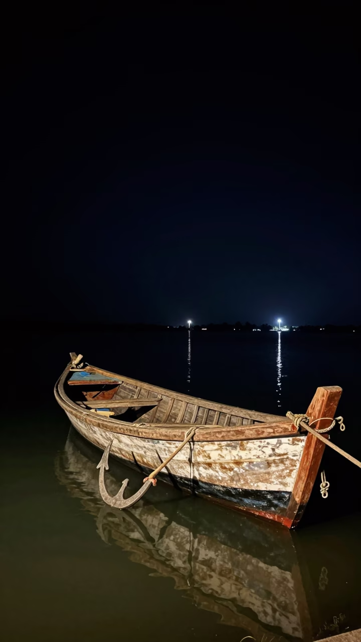 Nighttime Kerala Backwaters Wooden Fishing Boat Anchor Kochi India in in Kochi, India