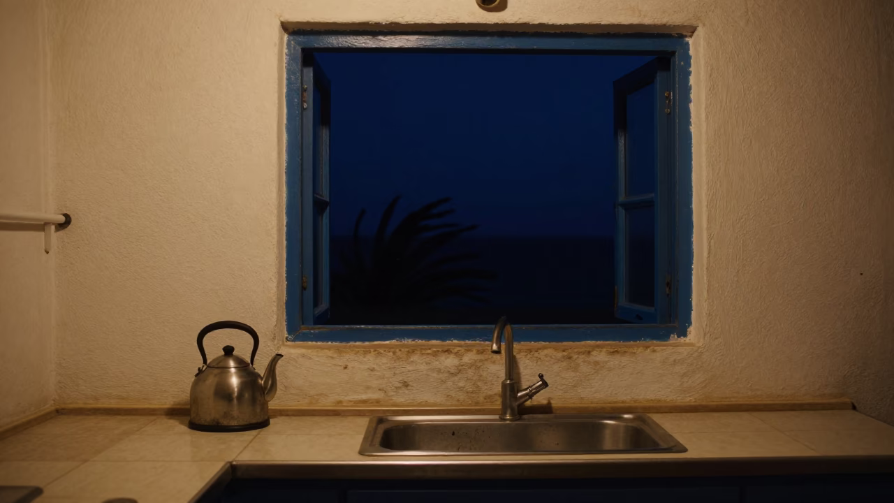 Nighttime Kitchen in Essaouira Morocco with Kettle and Sink Under Deep Sky in in Essaouira, Morocco