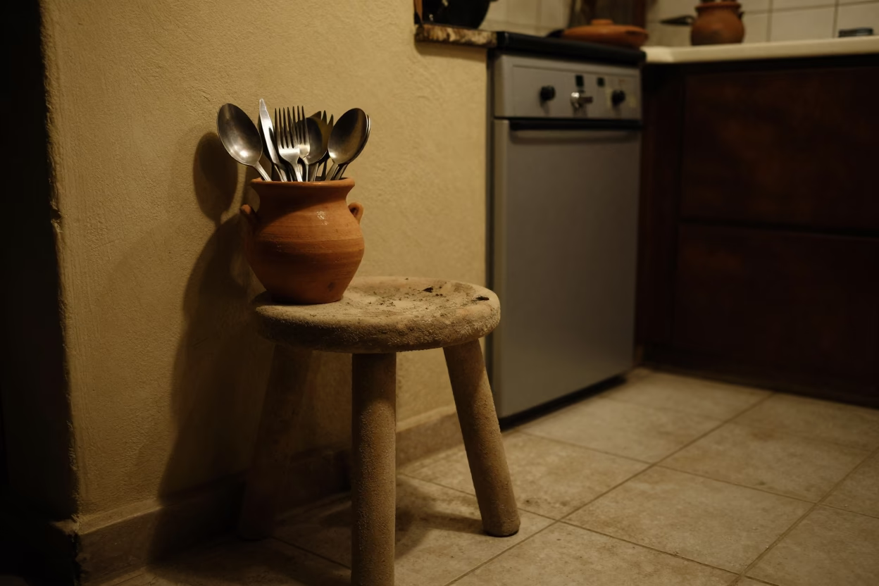 Nighttime Kitchen Scene in Lima Peru with Stool and Utensil Crocks in in Lima, Peru