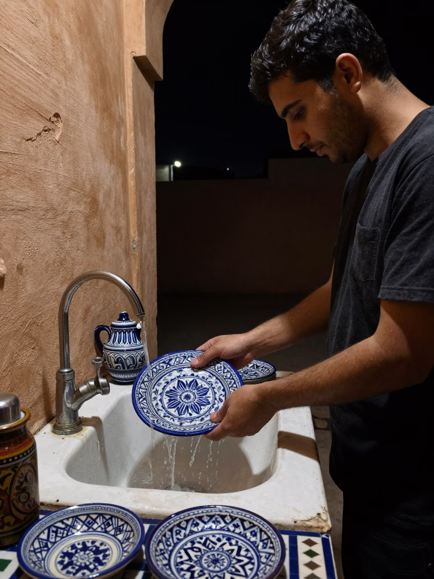 Nighttime Kitchen Scene in Marrakech Morocco with Sink and Vintage Majolica Plate in in Marrakech, Morocco
