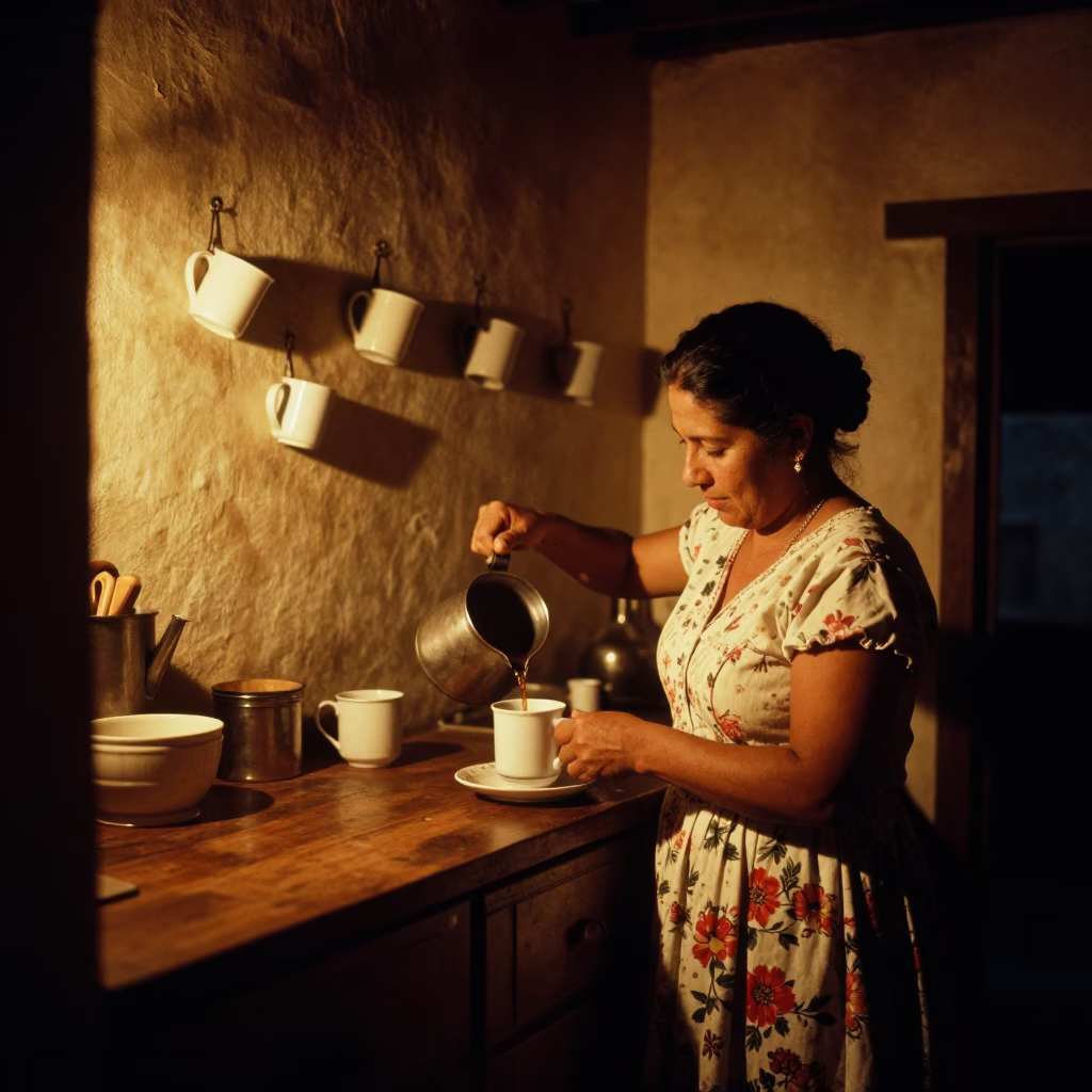 Nighttime Kitchen Scene in Oaxaca With Coffee Mugs And Wall Hooks in in Oaxaca, Mexico