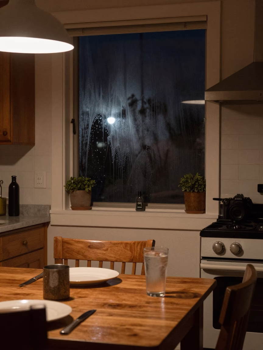 Nighttime Kitchen Scene in San Diego Home with Condensation and Water Rings in in San Diego, California, United States