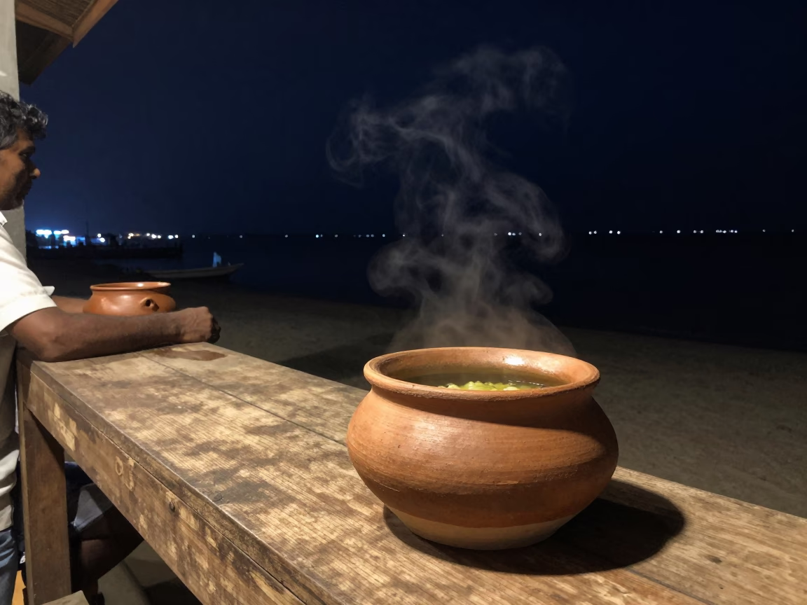 Nighttime Kochi Harbor Street Scene with Clay Pot and Woven Basket in in Kochi, India