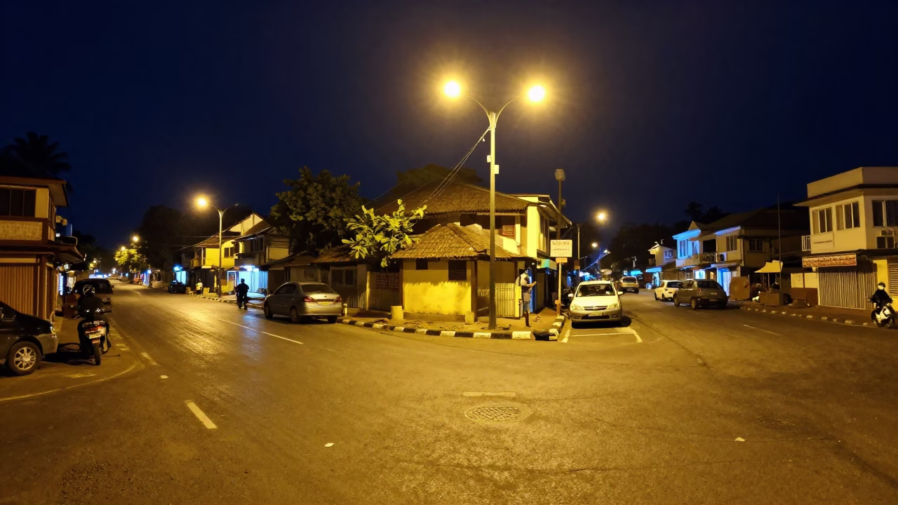 Nighttime Kochi Street Scene with Glass Window Reflections and Local Street Life in in Kochi, India