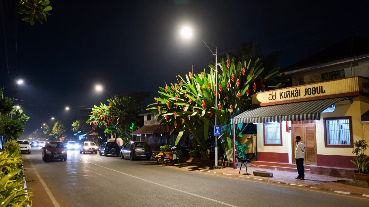 Nighttime Kochi Street Scene with Heliconia Flowers and Hotel Awning Reflections in in Kochi, India