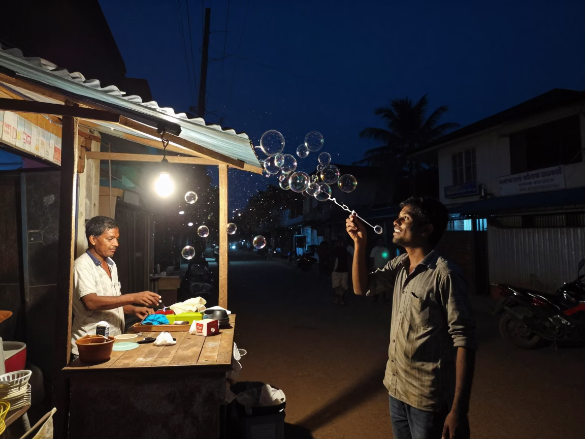 Nighttime Kochi Street Scene with Shopkeeper and Soap Bubbles in in Kochi, India