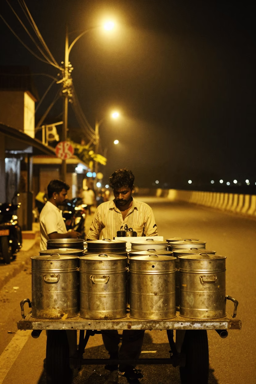 Nighttime Kochi Street Scene with Storage Tins and Local Life in in Kochi, India