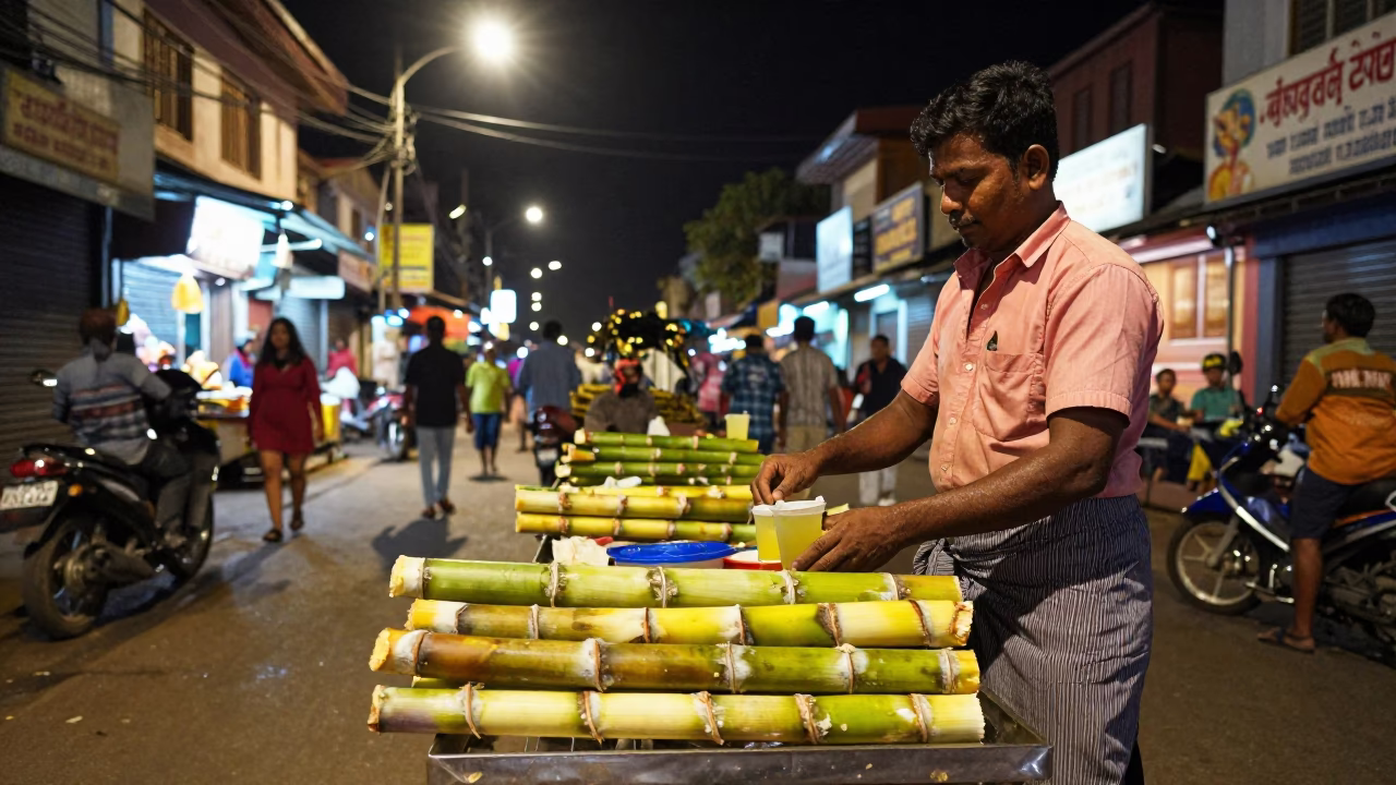 Nighttime Kochi Street Scene with Sugarcane Juice and Spice Market in in Kochi, India