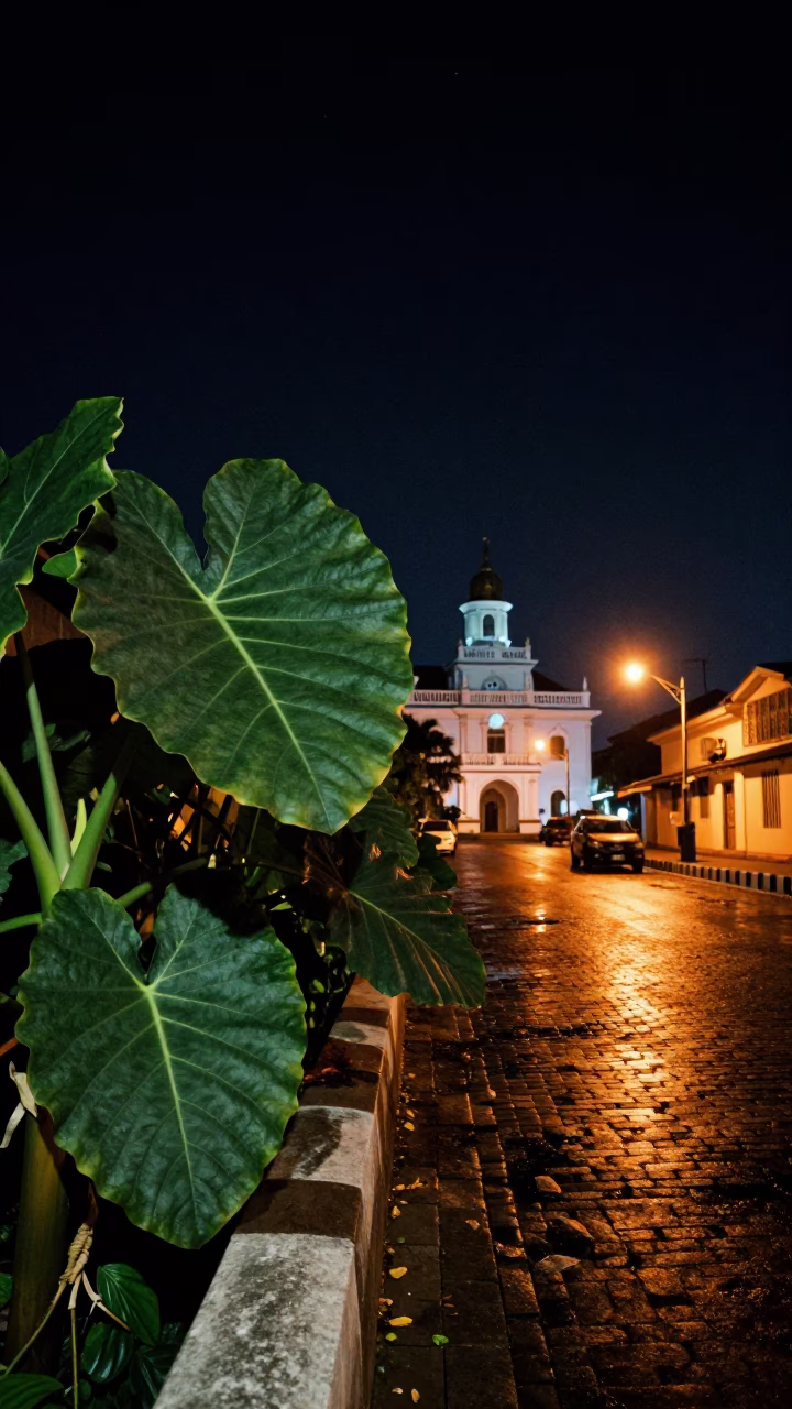 Nighttime Kochi Street Scene with Taro Plants and Harbormaster Kettle in in Kochi, India