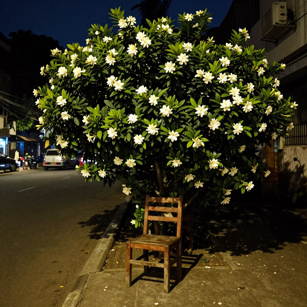 Nighttime Kolkata Street Scene with Chair and Gardenia Bush Under Deep Sky in in Kolkata, India