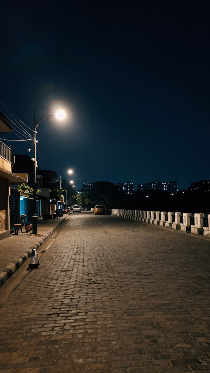 Nighttime Kolkata Street Scene with Cobblestones and Dim Lamp Light in in Kolkata, India