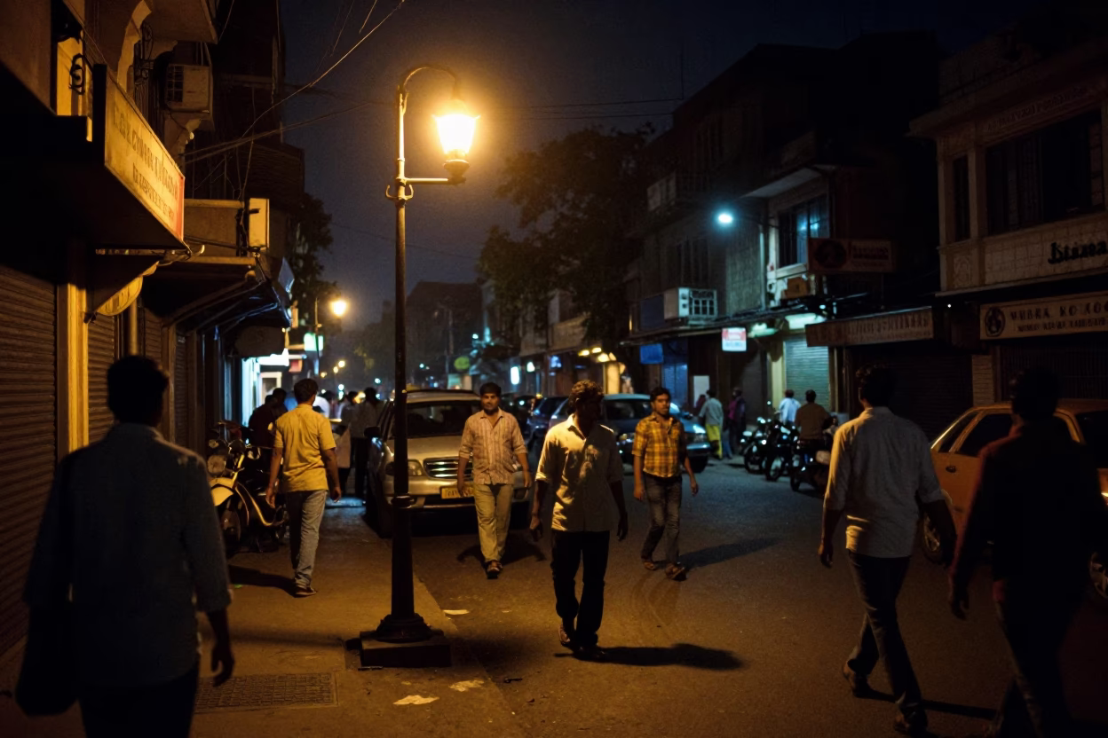 Nighttime Kolkata Street Scene with Flickering Oil Lamp and Busy Traffic in in Kolkata, India