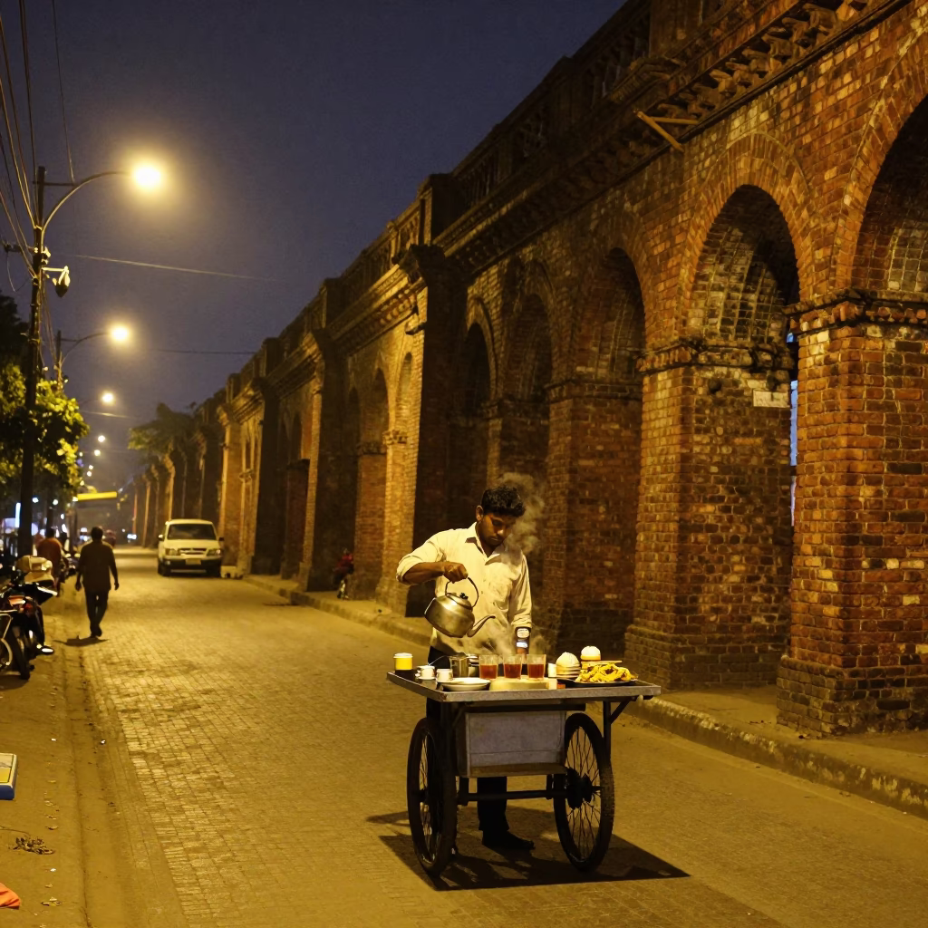 Nighttime Kolkata Street Scene with Railway Viaduct and Spiced Tea Stall in in Kolkata, India