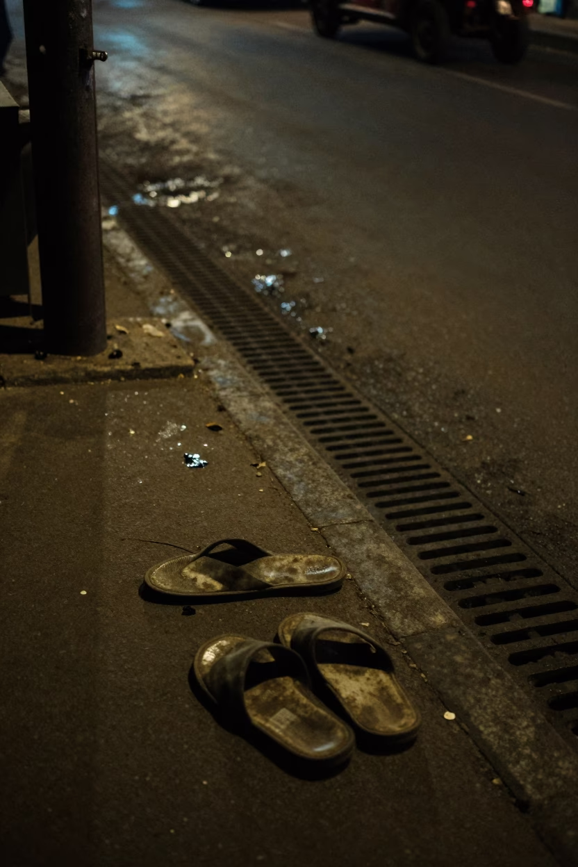 Nighttime Kolkata Street Scene with Slippers and Drain Detail in India in in Kolkata, India