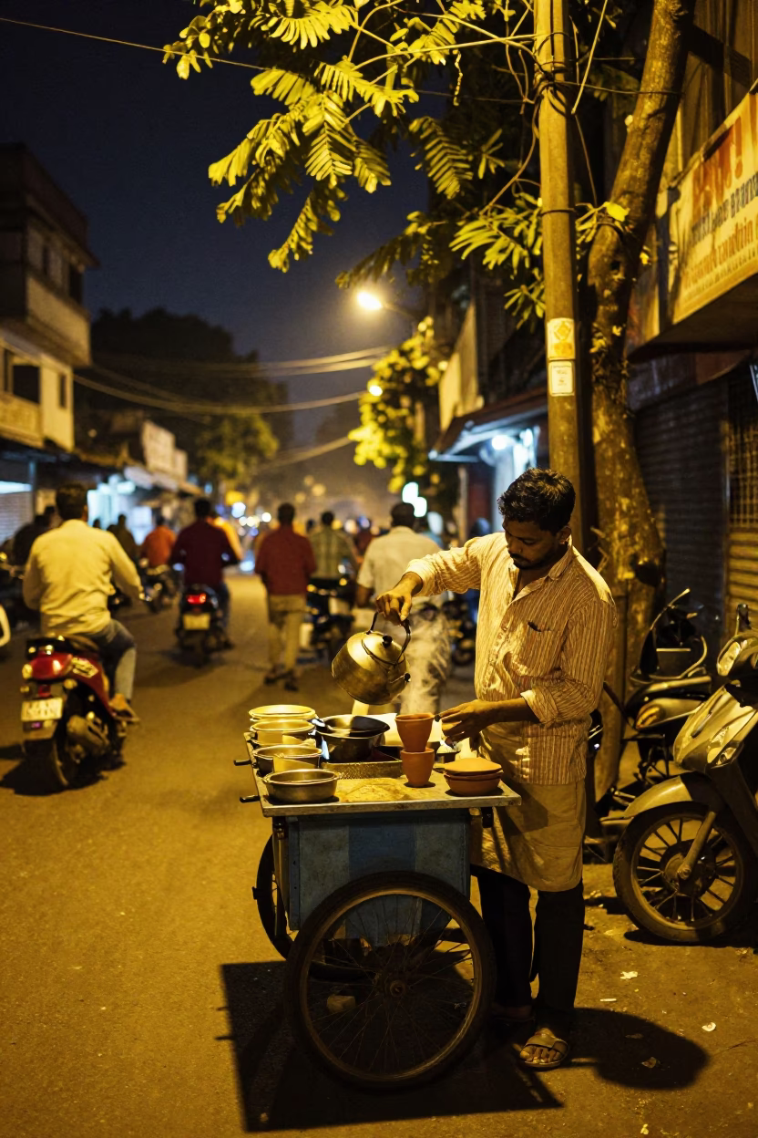 Nighttime Kolkata Street Scene with Tea Vendor and Climbing Jasmine in in Kolkata, India