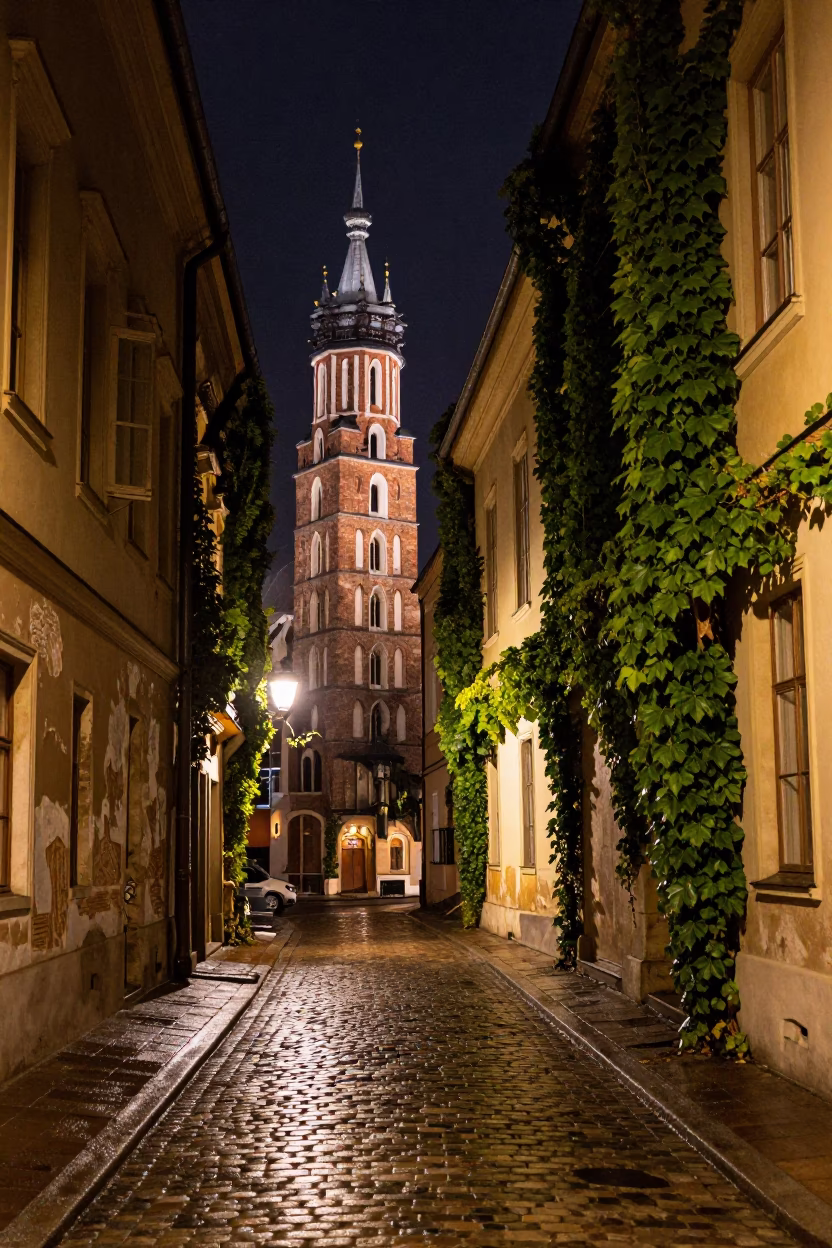 Nighttime Krakow Old Town alley with ivy and wet stone walls in in Krakow, Poland