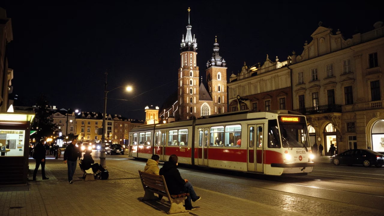 Nighttime Krakow Street Scene with Cable Car and Local Interaction in in Krakow, Poland