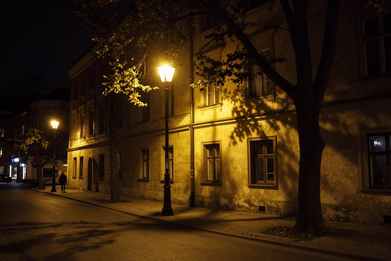 Nighttime Krakow Street Scene with Leaf Shadows and Urban Details in in Krakow, Poland
