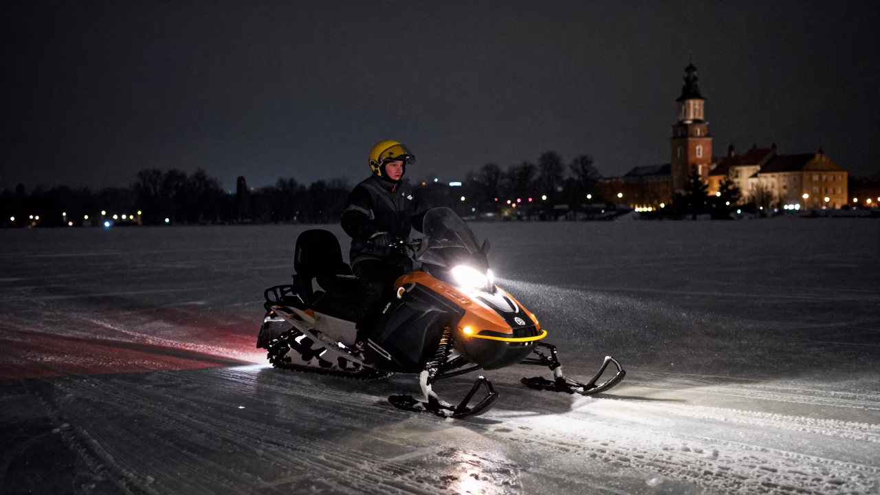 Nighttime Krakow Street Scene with Snowmobile and Frozen Lake in in Krakow, Poland