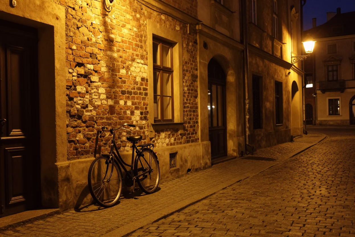 Nighttime Krakow Street Scene with Vintage Bicycle and Warm Shop Window Light in in Krakow, Poland
