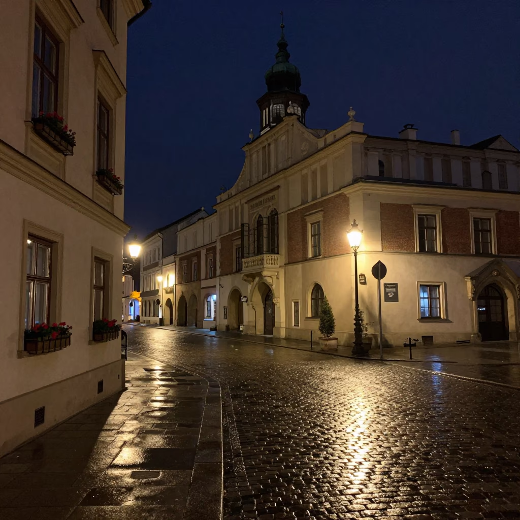 Nighttime Krakow Street Scene with Window Boxes and Cobblestones Under Deep Sky in in Krakow, Poland