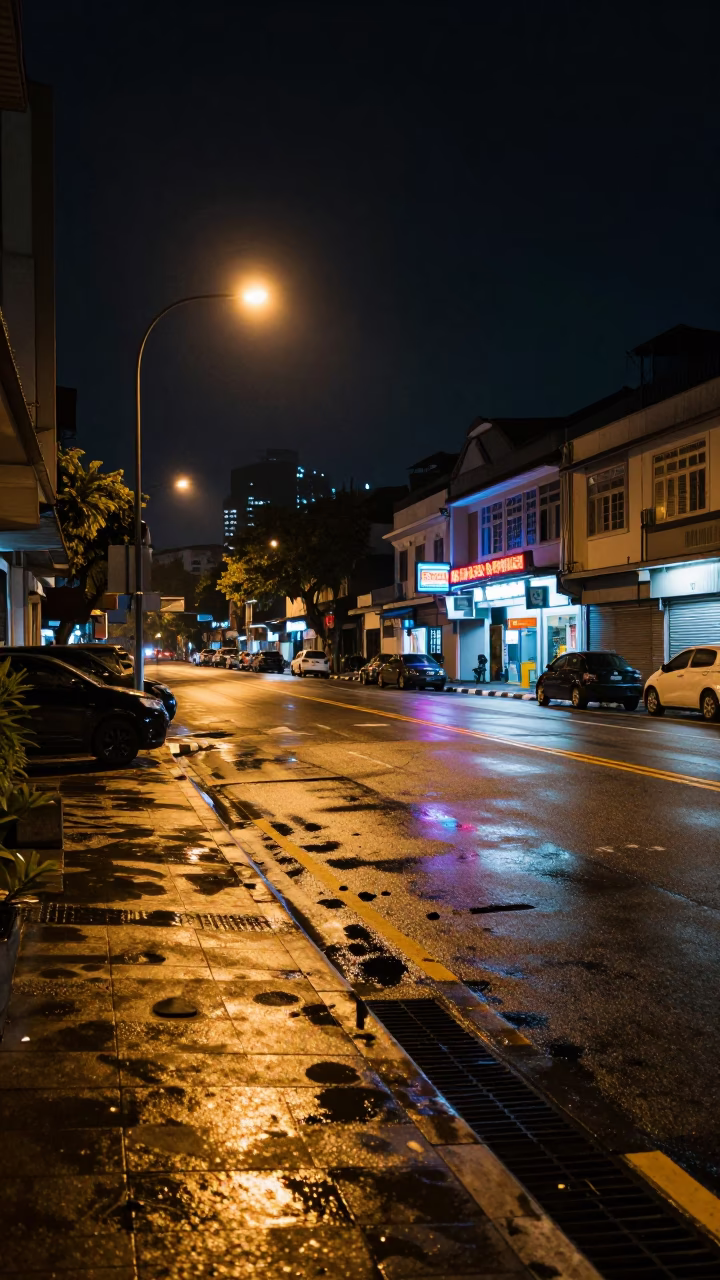 Nighttime Kuala Lumpur Street Scene with Leaf Shadows on Drain and Local Food Stall in in Kuala Lumpur, Malaysia