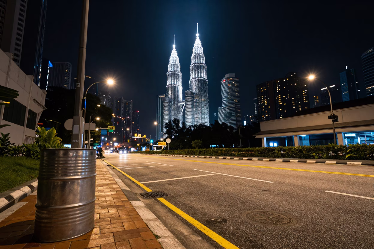 Nighttime Kuala Lumpur Street Scene with Metal Bucket and Urban Lighting in in Kuala Lumpur, Malaysia