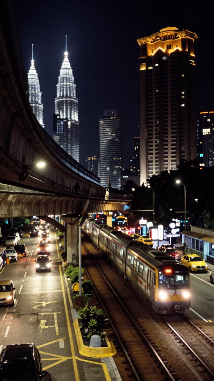 Nighttime Kuala Lumpur Street Scene with Train Viaduct and Hotel Valet Stand in in Kuala Lumpur, Malaysia