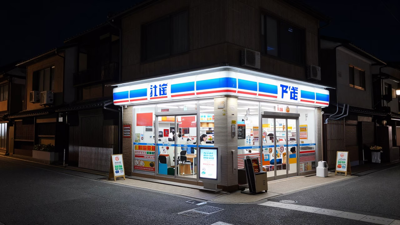 Nighttime Kyoto Street Corner with Glowing Convenience Store Sign and Wet Pavement Reflections in in Kyoto, Japan