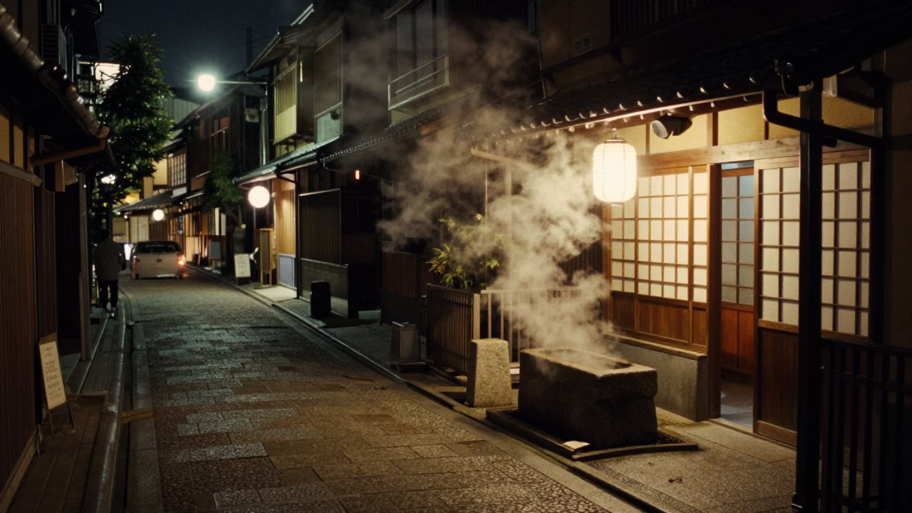 Nighttime Kyoto Street Corner with Steam Haze and Traditional Tea Shop Activity in in Kyoto, Japan