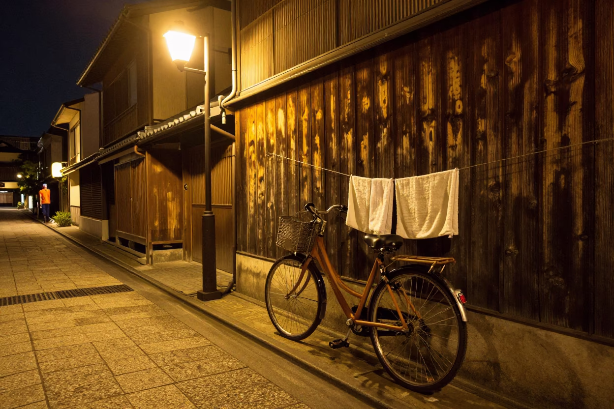 Nighttime Kyoto Street Scene with Bicycle and Drying Towels in Traditional Alley in in Kyoto, Japan